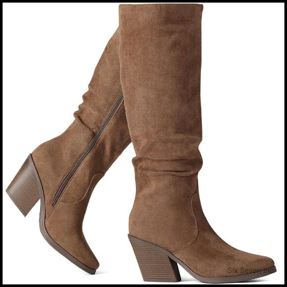 Pointed Toe Knee High Boots Faux Suede Stacked Heel Side Zipper Slouchy